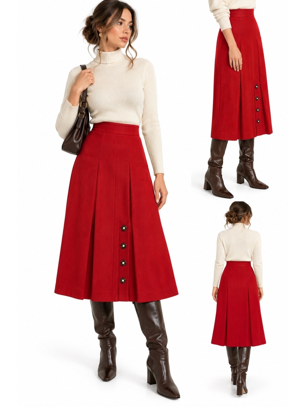Vintage Red Wool Pleated Midi Skirt Button Front Size 10